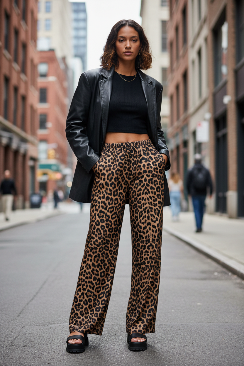 Women’s High Waist Leopard Print Satin Wide Leg Pants - Modestly Vogue 