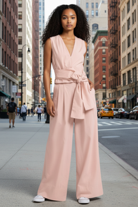 Poplin V Neck Top and High Waist Wide Leg Pants Set for Women - Modestly Vogue 