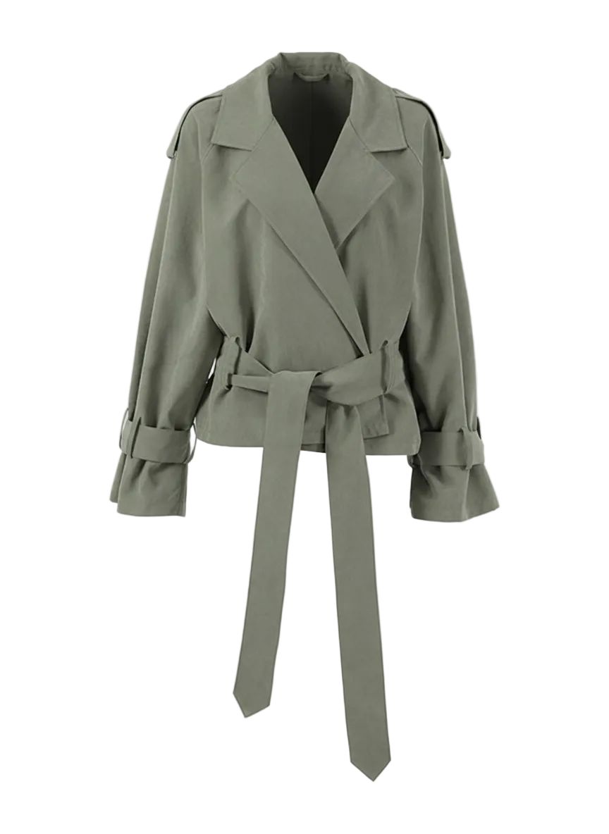 Lapel Collar Tie Waist Trench Jacket - Modestly Vogue 
