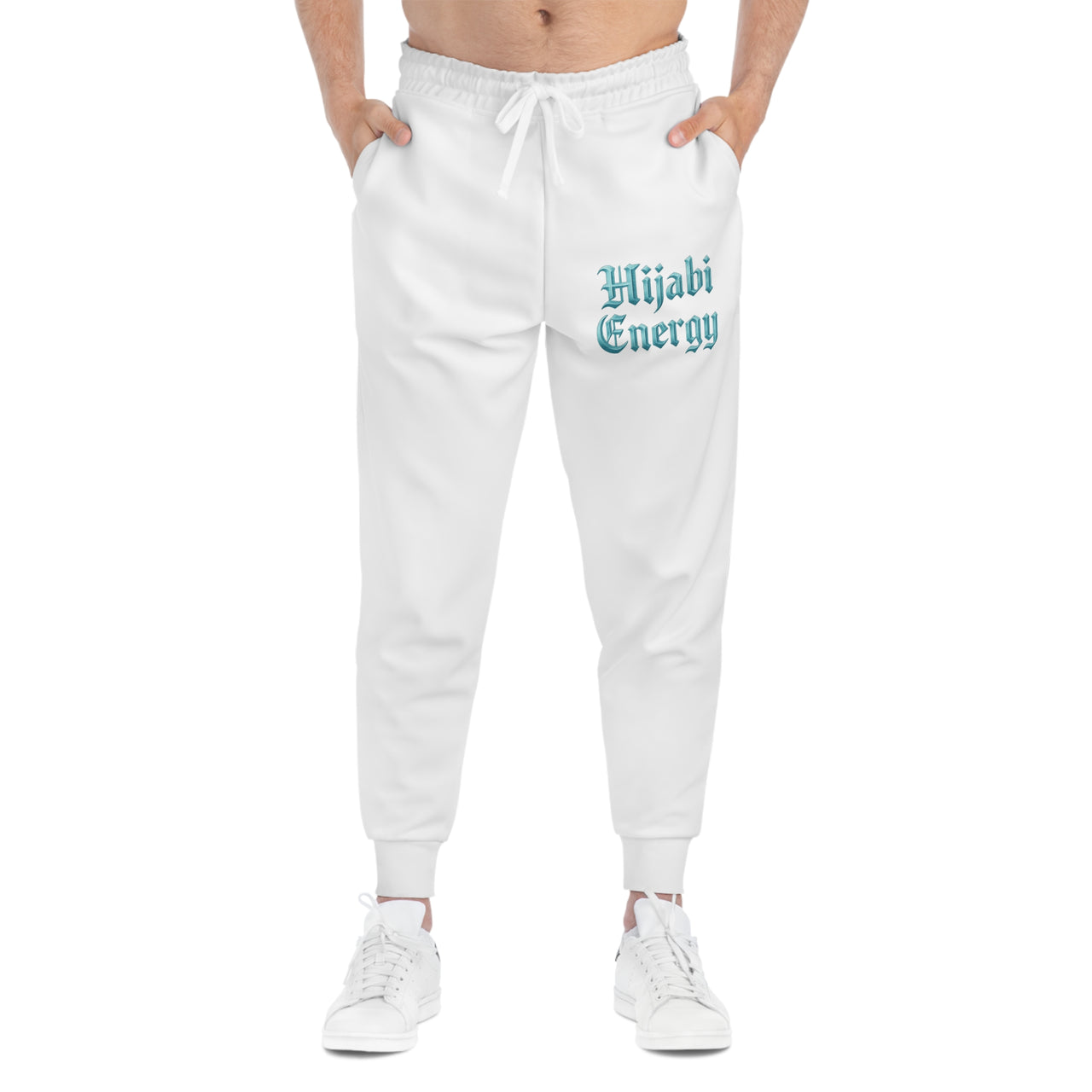Athletic Joggers — White "Hijabi Energy" Graphic Streetwear Sweatpants