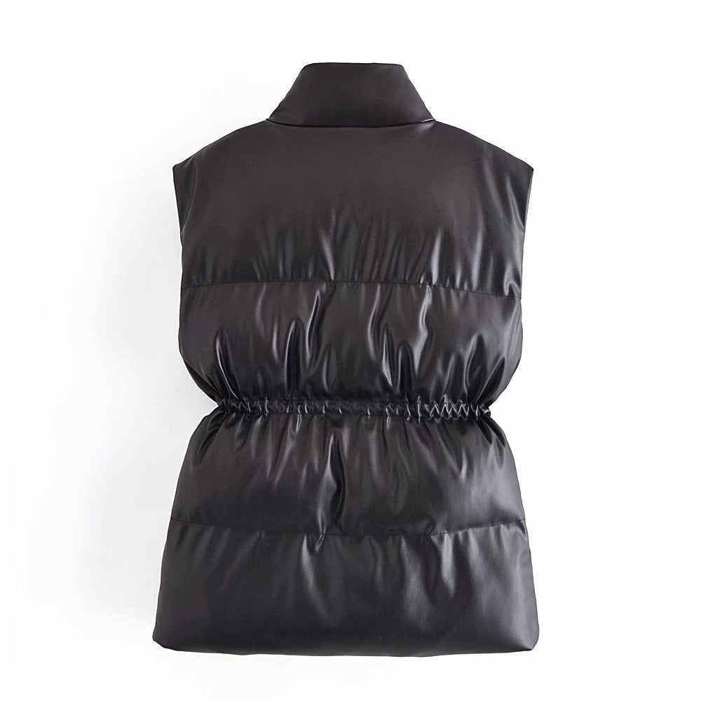Drawstring Waist Faux Leather Vest Cotton Jacket - Modestly Vogue 