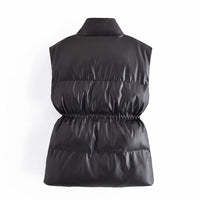 Drawstring Waist Faux Leather Vest Cotton Jacket - Modestly Vogue 