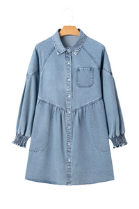 Denim Smocked Cuffs Shirt Mini Dress - Modestly Vogue 
