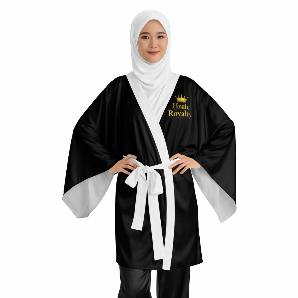 Hijabi Royalty™ Luxe Noir Contrast Edition Kimono Robe – Luxury Spa Long Sleeve Robe with Crown Logo