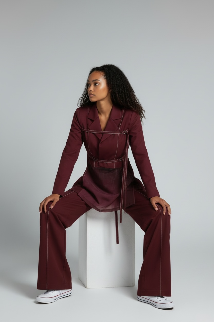 Chic Burgundy Two-Piece Set | Women's Notched Collar Long Style - Modestly Vogue 