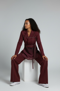 Chic Burgundy Two-Piece Set | Women's Notched Collar Long Style - Modestly Vogue 