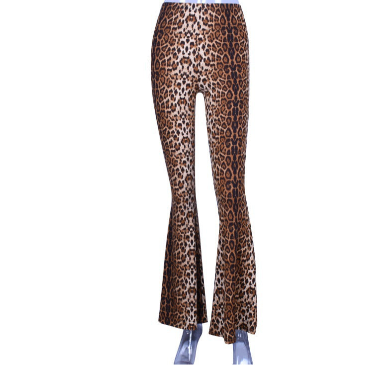 Leopard Print Elastic High Waist Bell-bottom Pants Women Long Women Clothing - Modestly Vogue 
