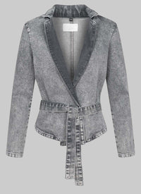 Grey Washed Denim Belted Blazer Two-Piece Set – Casual Streetwear - Modestly Vogue 