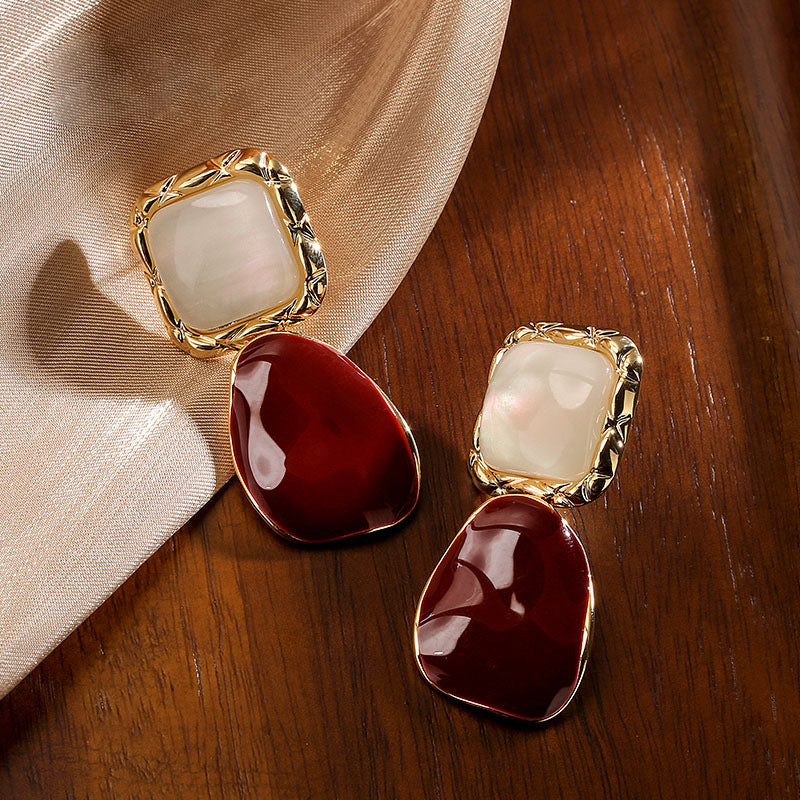New Sterling Silver Needle French Style Temperament Irregular Wine Red Earrings - Modestly Vogue 