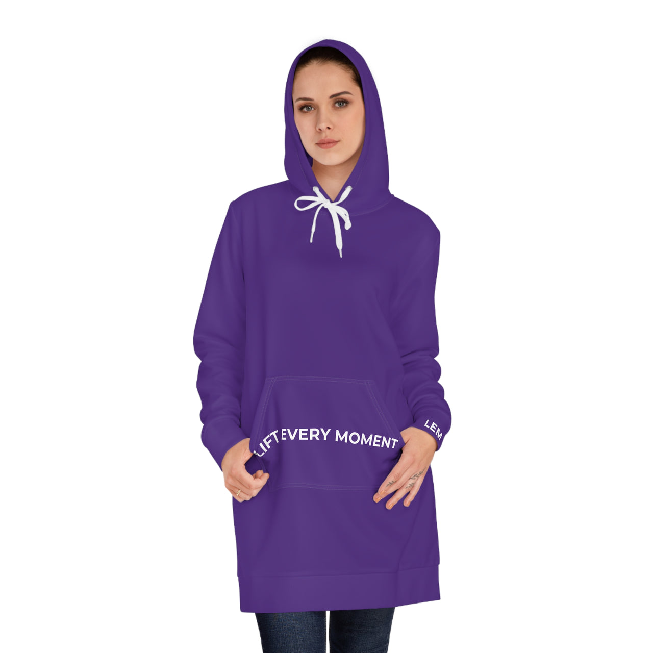 Modest in Motion Hoodie Dress — 'Lift Every Moment' Cozy Women's Pullover Dress Purple
