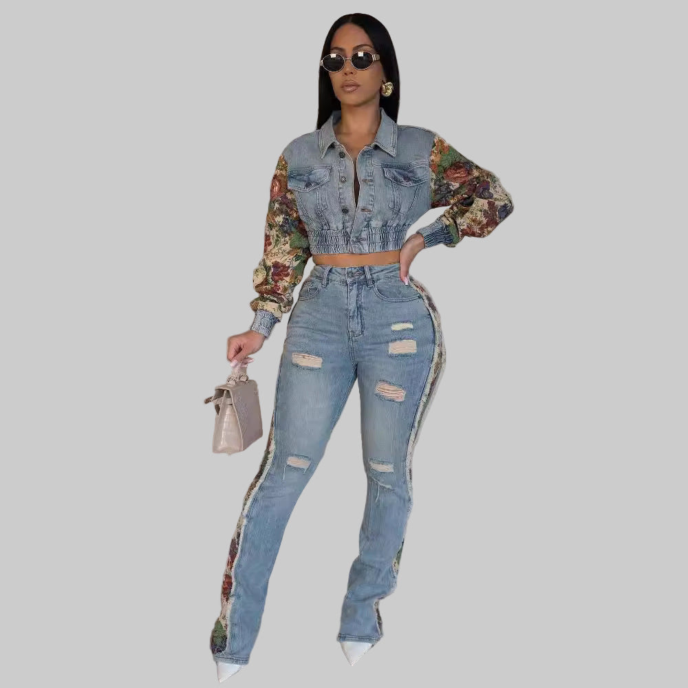 New Retro Jeans Women's Stitching Fashion Side Lace Suit - Modestly Vogue 