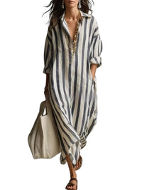 Striped Lapel-collar Dress With Side Slits And Pockets - Modestly Vogue 