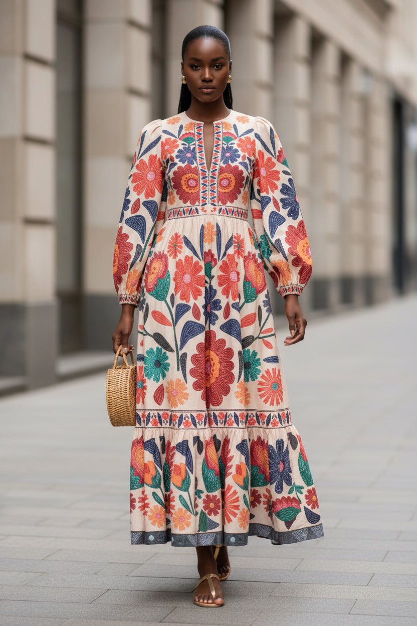 Printed Flared Skirt Long Sleeve Lace Up Casual Dress - Modestly Vogue 