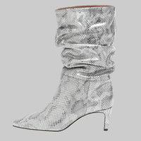 Pointed Toe Stiletto High Heel Snake Print Pleated Mid-top Boots
