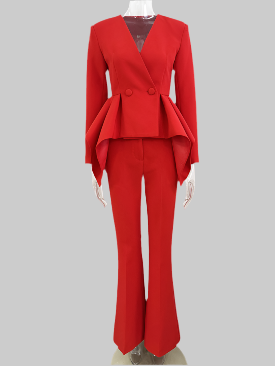 Red Tailored Peplum Jacket Bootcut Two Piece Pant Set Suit - Modestly Vogue 