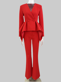 Red Tailored Peplum Jacket Bootcut Two Piece Pant Set Suit - Modestly Vogue 