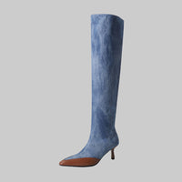 High Heel Shoes Pointed Toe Pleated Boots Big Tube Denim Blue