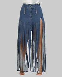 Blue Bohemian Rhapsody Fringe Denim Skirt – Chic Festival-Ready Style - Modestly Vogue 