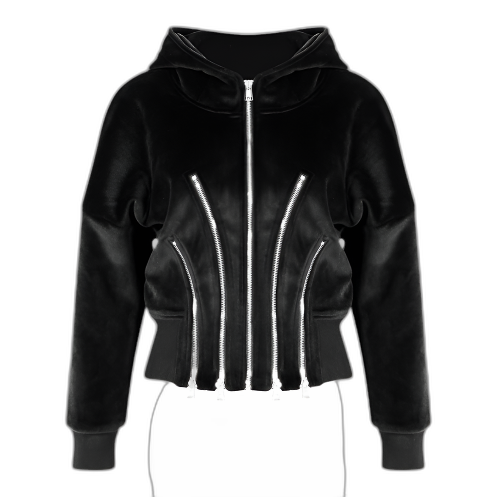 BlackVelvet Hooded for Women Autumn Thickened Composite Multi Metal Zipper Split Waist Trimming Women - Modestly Vogue 