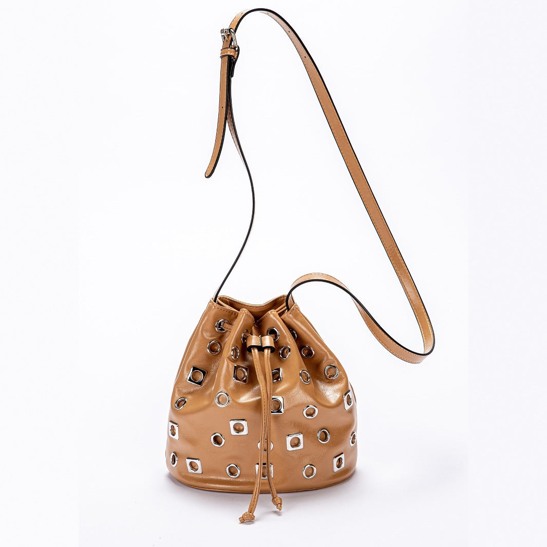 Suede Rivet Bucket Bag Hollow Crossbody Bag