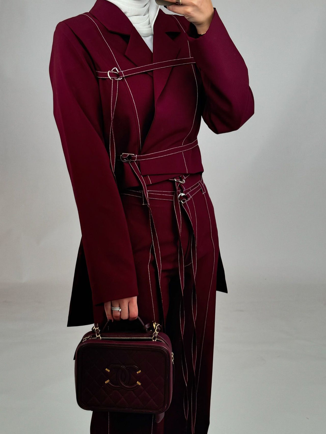 Chic Burgundy Two-Piece Set | Women's Notched Collar Long Style - Modestly Vogue 