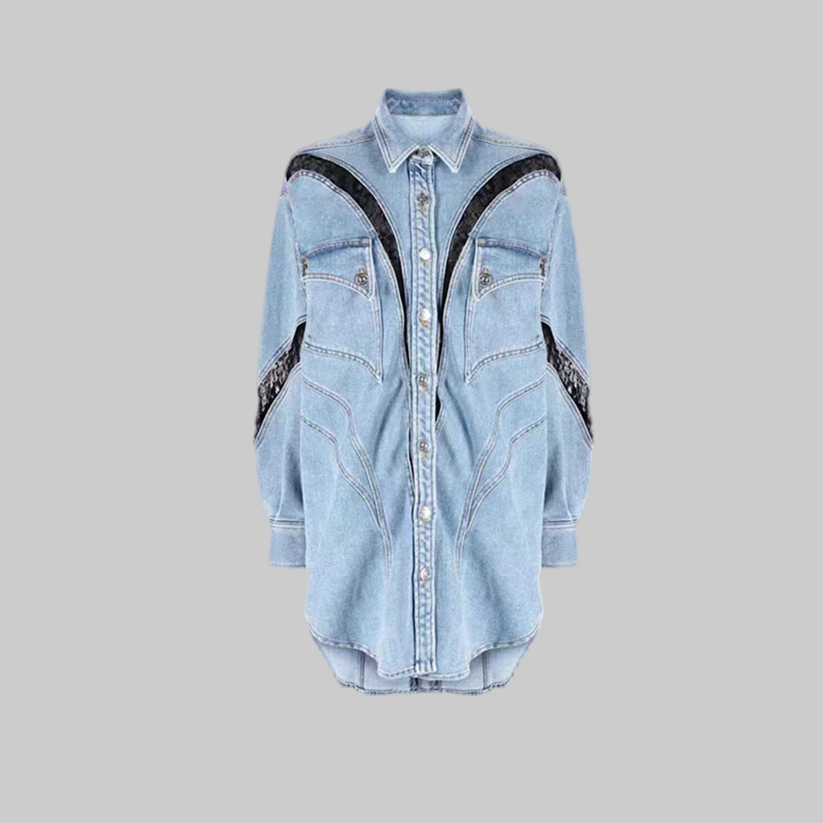 Blue Three Dimensional Split Shirt Spring Summer Lace Stitching Large Profile Shirt Denim Jacket Coat Women - Modestly Vogue 