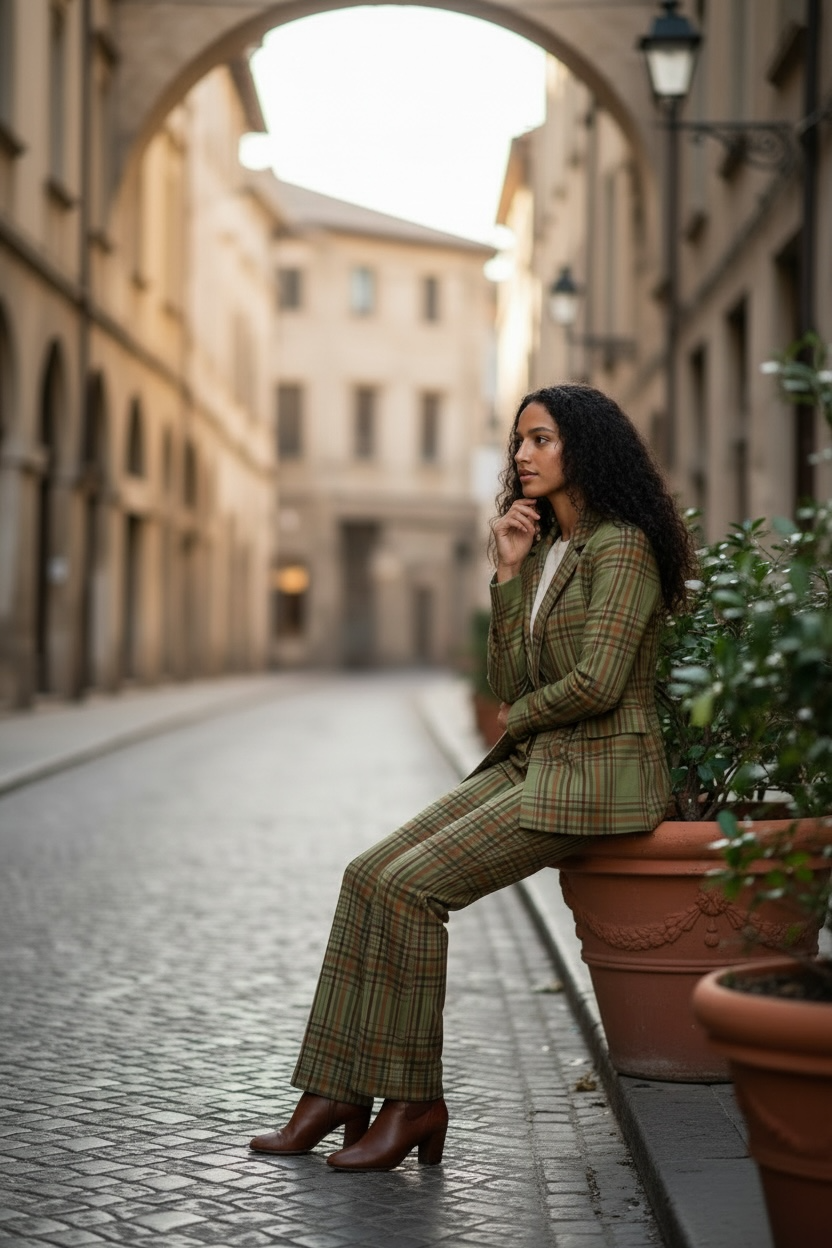 Green Plaid Pant Set – Stylish Women’s Suit Outfit - Modestly Vogue 