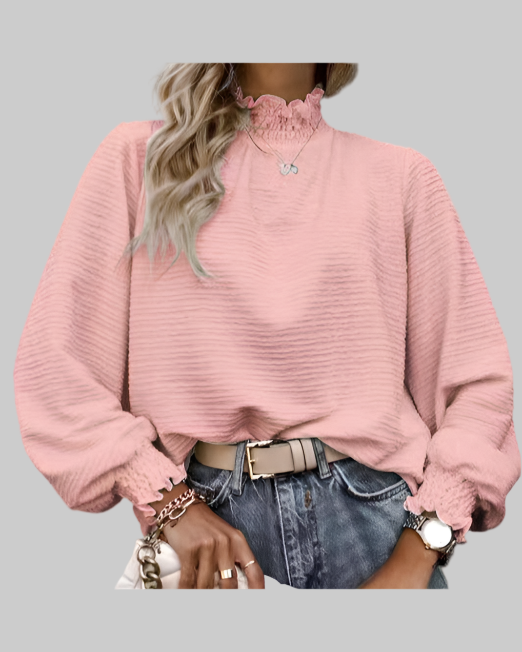 Tops Blouses Women – Blouses | Ruffle Hem Mock Neck Puff Sleeve Top - Modestly Vogue 
