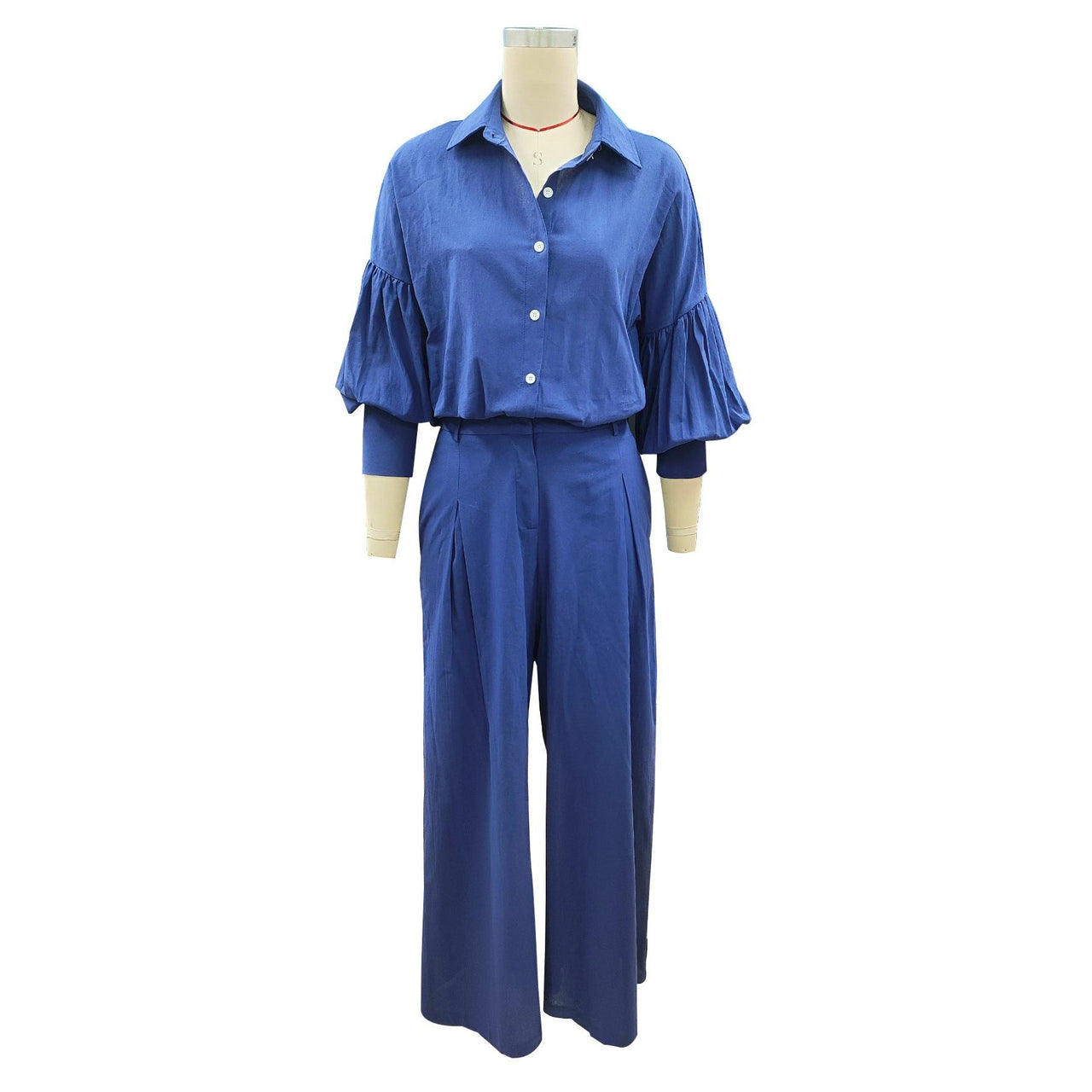 Autumn Solid Color Long Sleeved Shirt Wide Leg Pants Cotton Linen Two Piece Sets - Modestly Vogue 