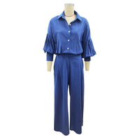 Autumn Solid Color Long Sleeved Shirt Wide Leg Pants Cotton Linen Two Piece Sets - Modestly Vogue 