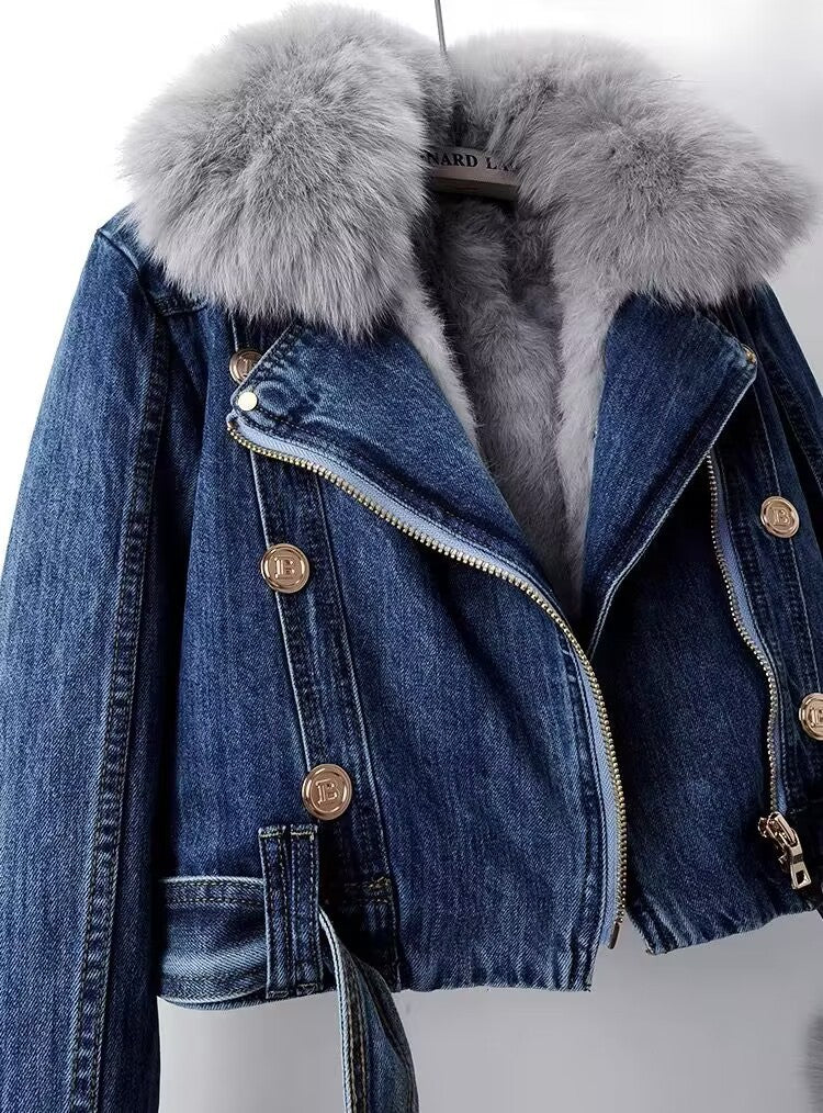 Detachable Fox Fur Rabbit Fur Liner Denim Coat Jacket