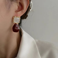 New Sterling Silver Needle French Style Temperament Irregular Wine Red Earrings - Modestly Vogue 