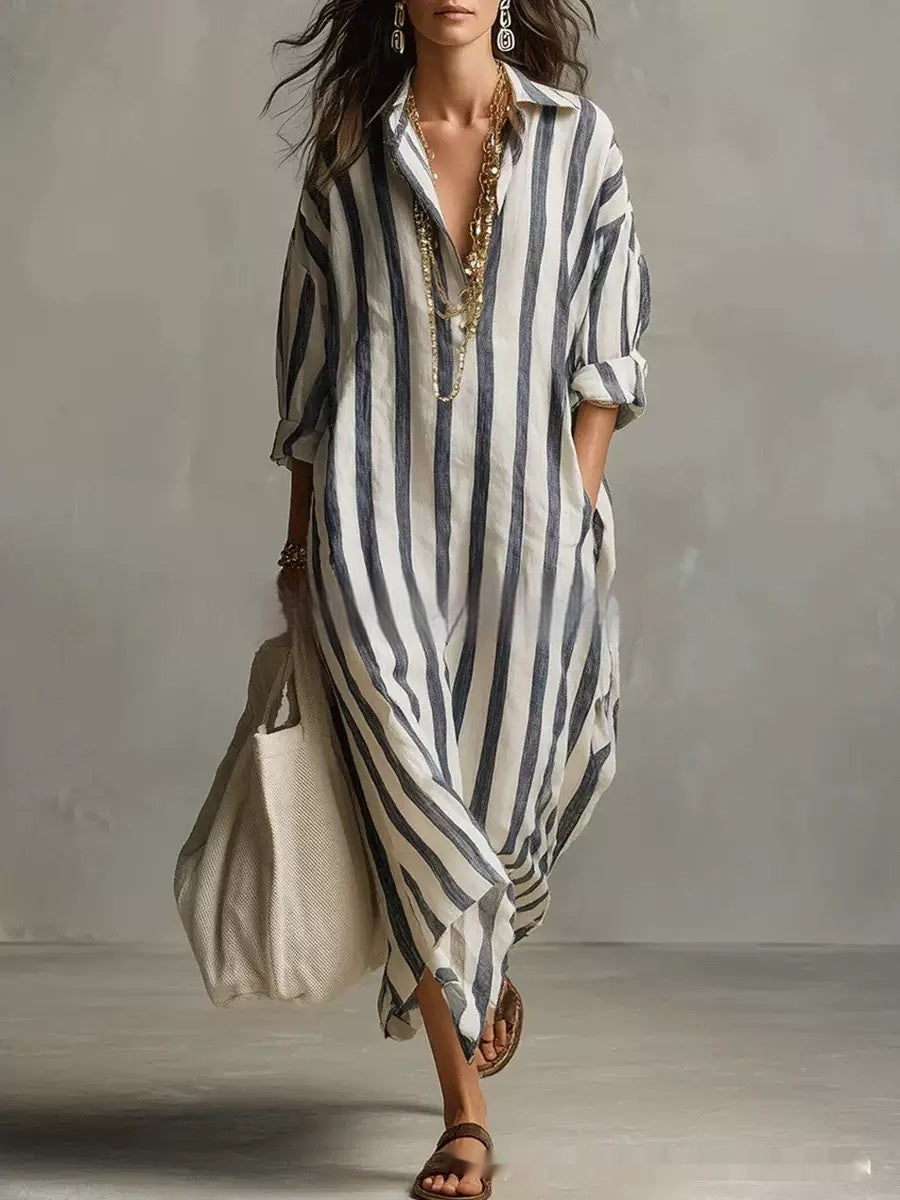 Striped Lapel-collar Dress With Side Slits And Pockets - Modestly Vogue 