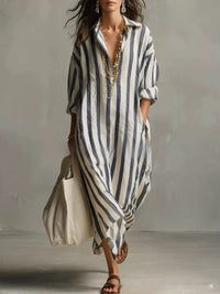 Striped Lapel-collar Dress With Side Slits And Pockets - Modestly Vogue 