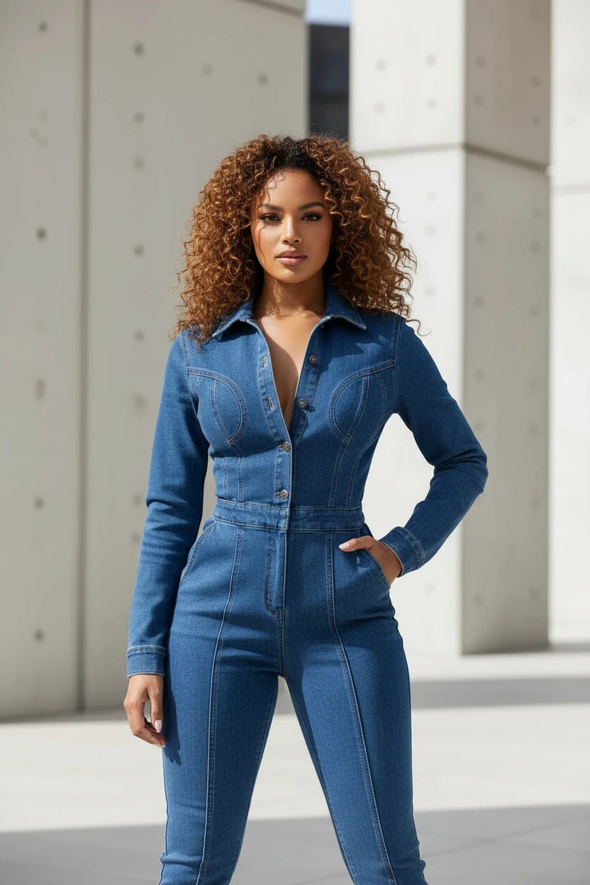 Long Sleeve Denim Jumpsuit – Women’s Casual One-Piece - Modestly Vogue 