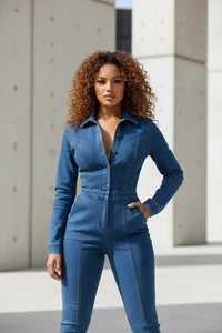 Long Sleeve Denim Jumpsuit – Women’s Casual One-Piece - Modestly Vogue 