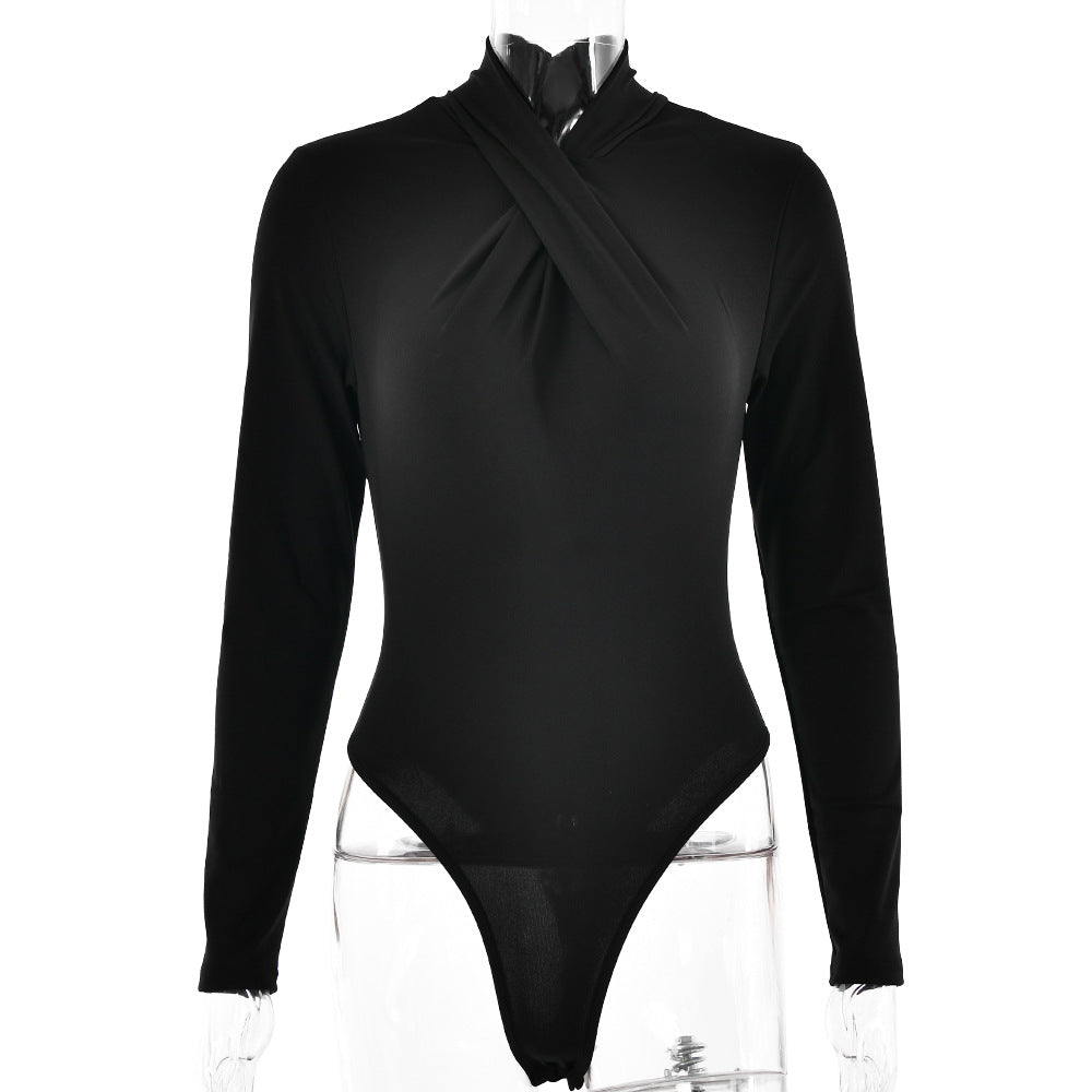 Women's Fashion Cross Pleated Neckline Slim-fit Long-sleeved Stitching Solid Color Jumpsuit - Modestly Vogue 