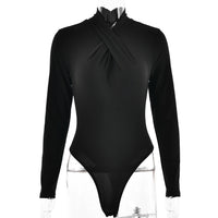 Women's Fashion Cross Pleated Neckline Slim-fit Long-sleeved Stitching Solid Color Jumpsuit - Modestly Vogue 
