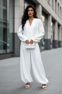 V-neck Top And Trousers Loose Leisure Pant Suit - Modestly Vogue 