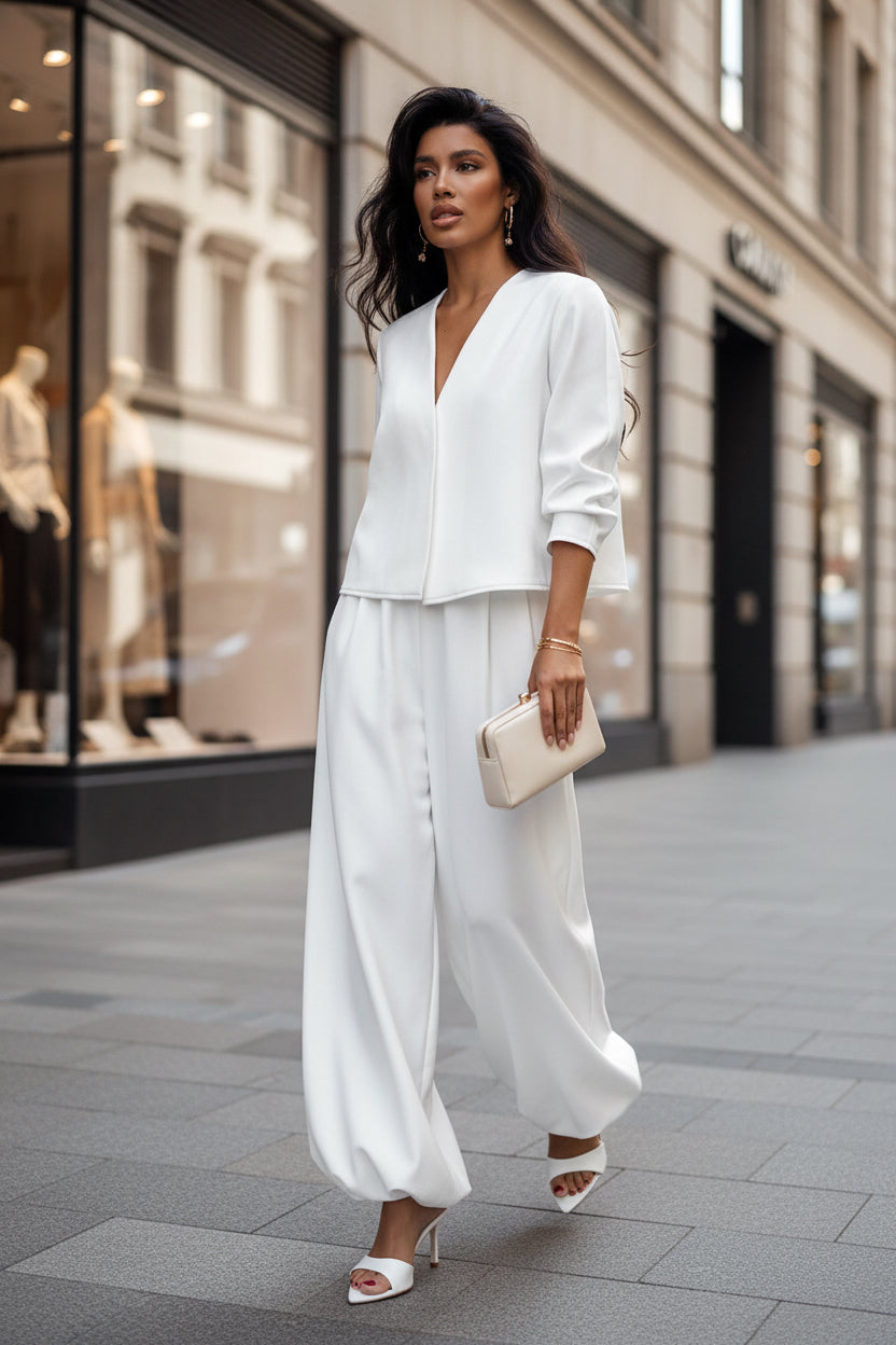 Simple White V-neck Top And Trousers Loose Leisure Suit - Modestly Vogue 
