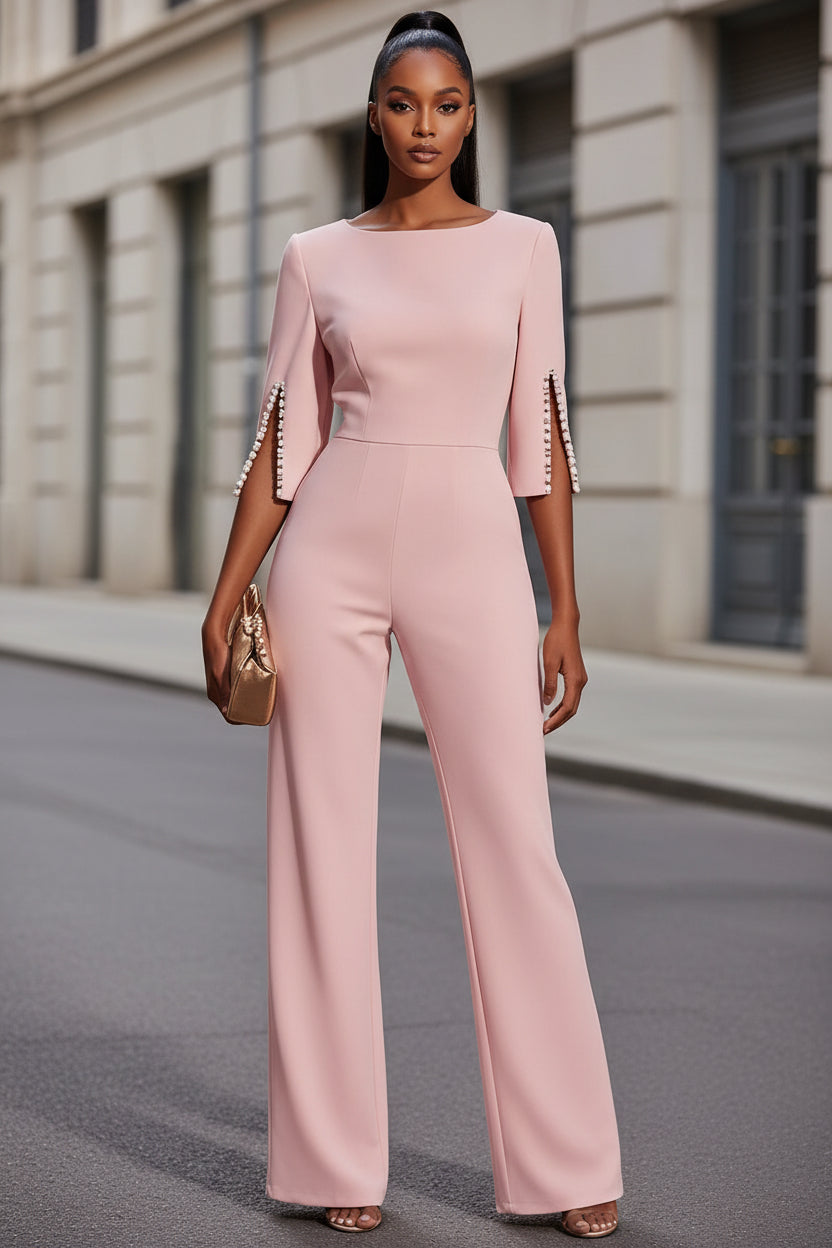 Women's Elegant Round Neck Jumpsuit - Mid-Sleeve With Side Slit Cuffs & Pearl Accents, Back Zipper Design For Casual To Formal Events - Modestly Vogue 