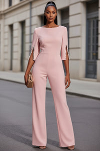 Women's Elegant Round Neck Jumpsuit - Mid-Sleeve With Side Slit Cuffs & Pearl Accents, Back Zipper Design For Casual To Formal Events - Modestly Vogue 