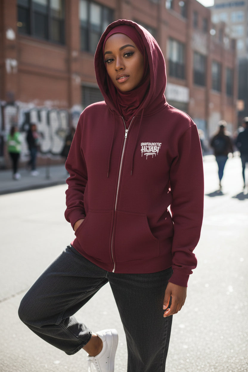 Unapologetic Hijabi Burgundy Full-Zip Hoodie - Modestly Vogue 