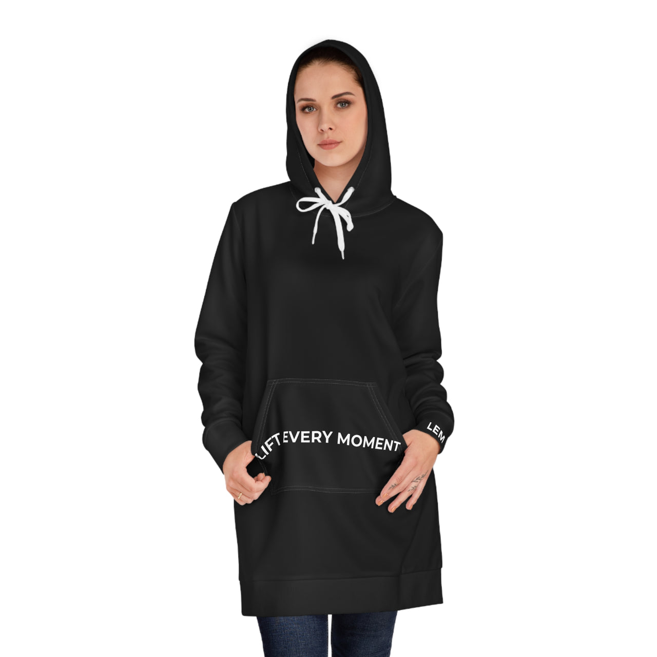 Modest in Motion Hoodie Dress — 'Lift Every Moment' Cozy Women's Pullover Dress Black