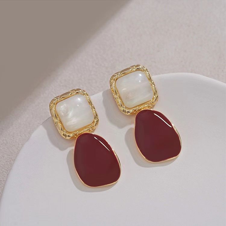 New Sterling Silver Needle French Style Temperament Irregular Wine Red Earrings - Modestly Vogue 