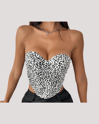 Black Leopard Print Leather Tube Top – Boned Corset Waistcoat Cinched Waist - Modestly Vogue 