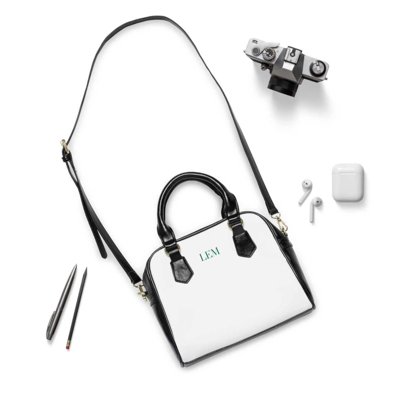 LEM Emerald Green Signature Satchel Shoulder Handbag — Classic Black & White Tote - Modestly Vogue 