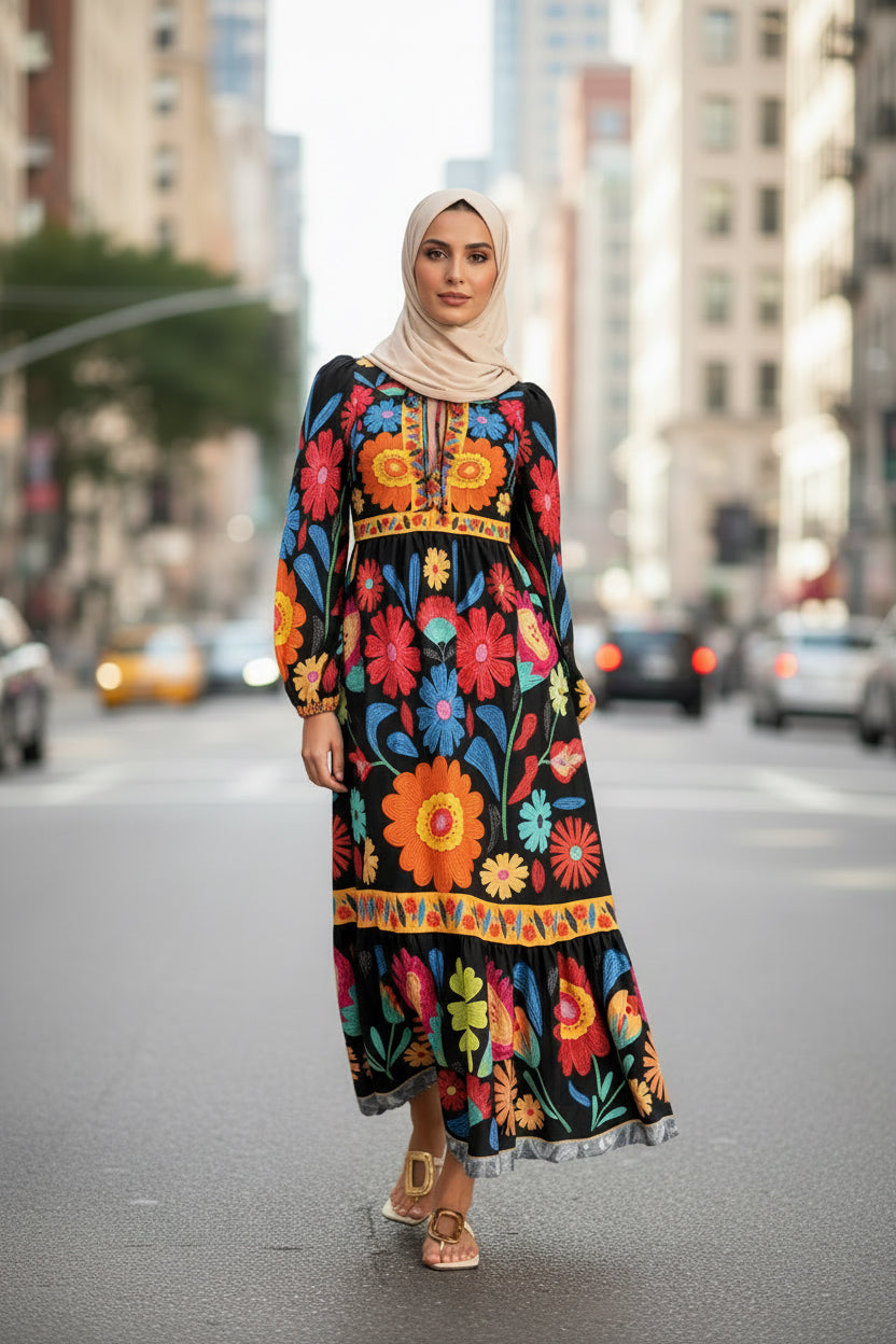 Printed Flared Skirt Long Sleeve Lace Up Casual Dress - Modestly Vogue 