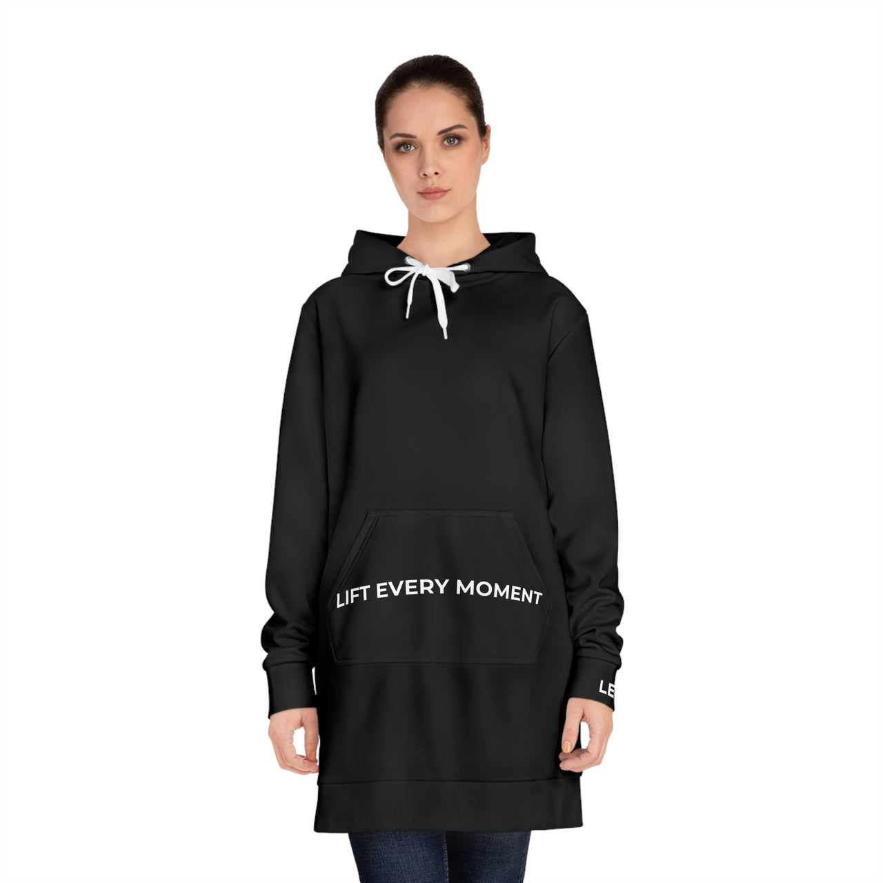 Modest in Motion Hoodie Dress — 'Lift Every Moment' Cozy Women's Pullover Dress Black