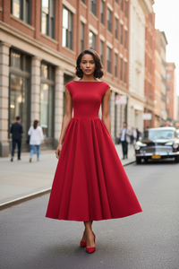Full Size Cap Sleeve A-Line Midi Dress Plus Size - Modestly Vogue 